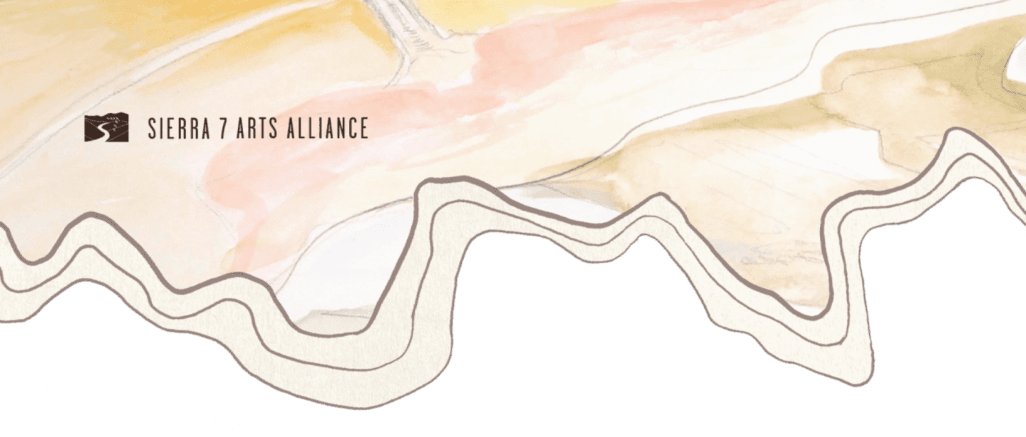 A logo for "Sierra 7 Arts Alliance" is superimposed on a watercolor background of abstract, flowing shapes in muted earth tones.