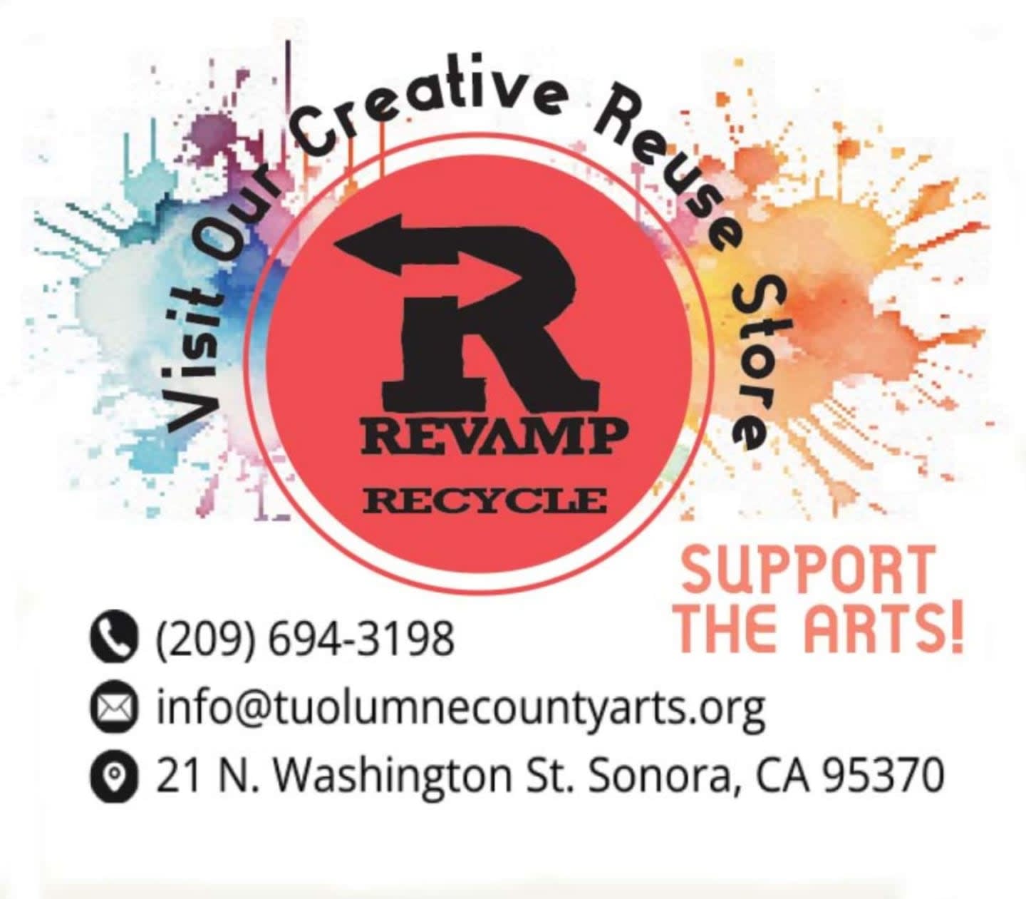 A red circular logo with the letters "R REVAMP RECYCLE" is centered against a background of colorful paint splatters, with contact information and a slogan in the lower right.