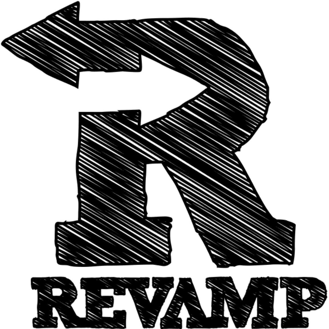 A black, scribbled letter "R" with an arrow pointing left forms the foreground, with the word "REVAMP" in block letters below it, all on a white background.