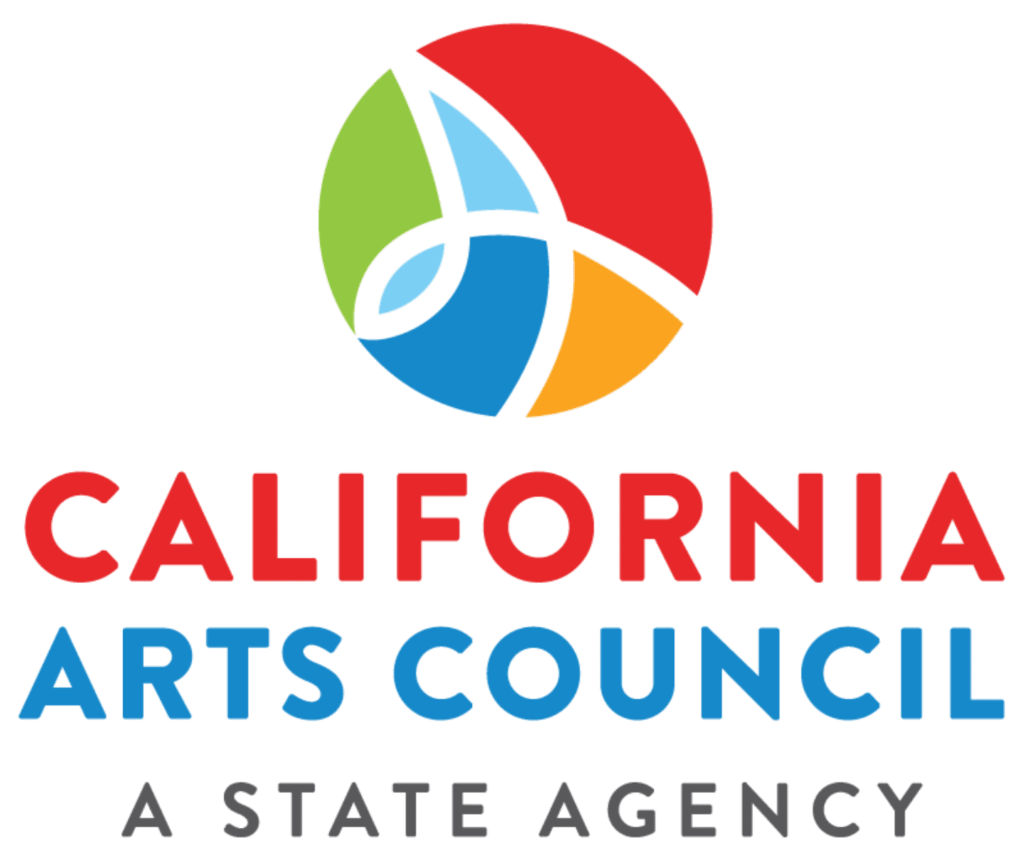 A colorful circular logo with abstract shapes sits above bold red and blue text that reads "CALIFORNIA ARTS COUNCIL," with smaller gray text below stating "A STATE AGENCY."