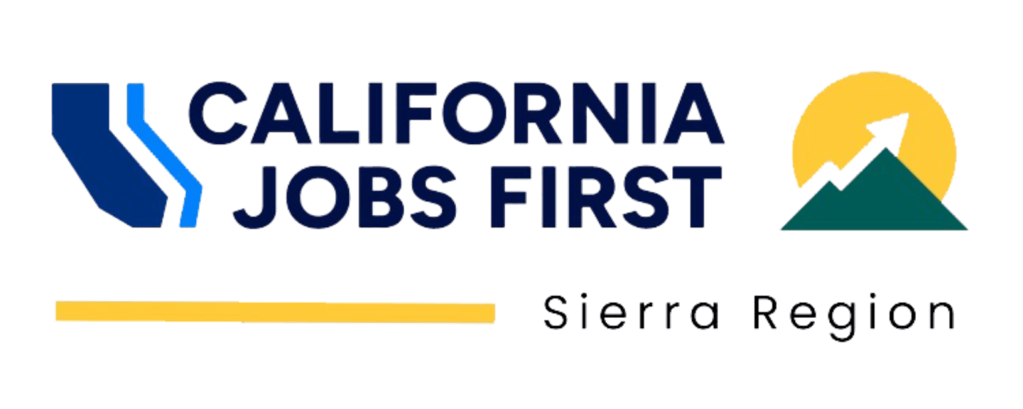 A blue and white California Jobs First logo with a mountain and sun graphic is on the left, and "Sierra Region" is written in gray text on the right, with a yellow line separating the top and bottom halves of the image.